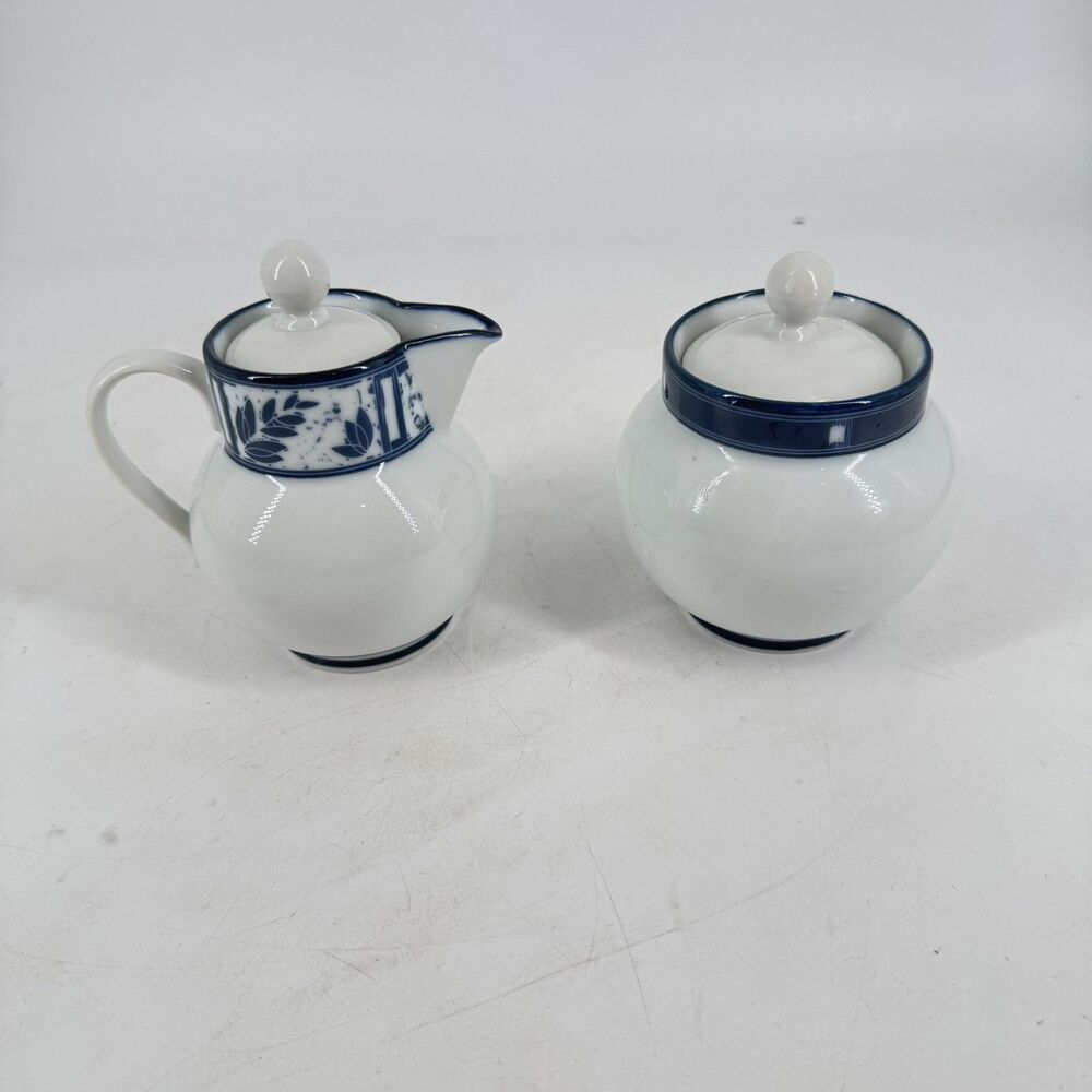 Dansk Ceylon Creamer & Lidded Sugar Bowl Set Blue White Japan